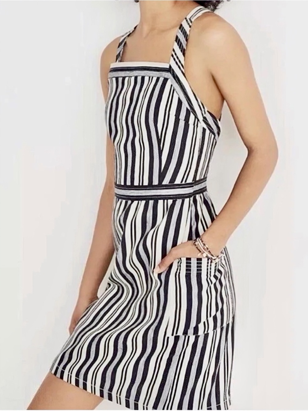 NWT Madewell Linen-Blend Apron Mini Dress in Black, White & Gray Stripe Size 4